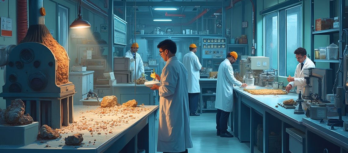 Five scientists in a lab studying rock samples on tables, wearing white coats and yellow hats.